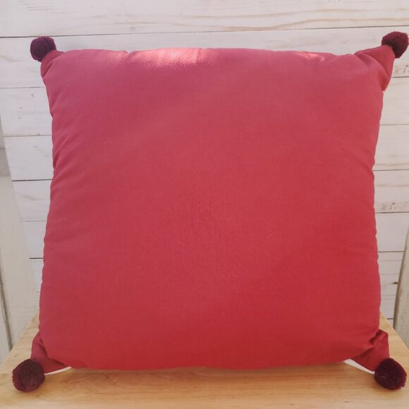 Christmas Holiday Throw Pillow Red Pom-Poms, Plaid Design Embroidered "Believe" - Picture 2 of 10